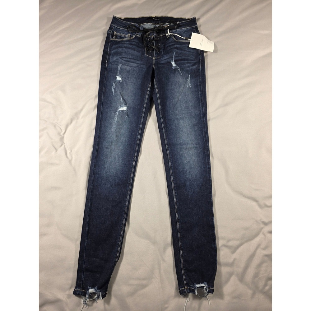 KanCan Lace Up Fly Skinny Jeans Women 26 Dark Wash Distressed Mid Rise NEW